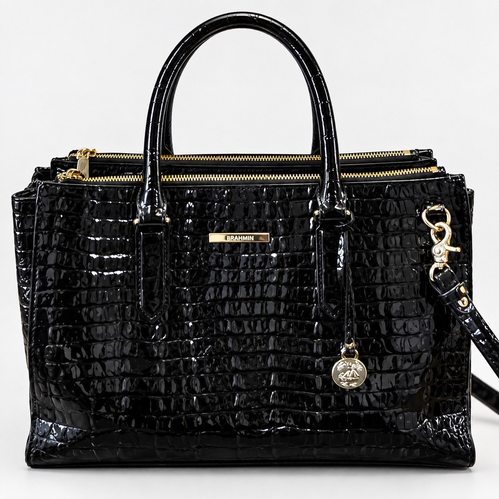 Brahmin Blake Satchel Black La Scala Croc Embossed Leather Tags Attached $425